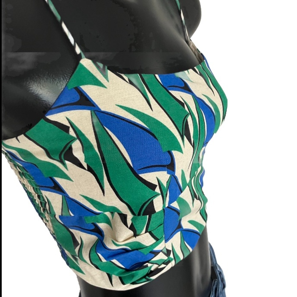 NWT! ZARA Printed Green & BLUE Semi fitted linen Blend CROP TOP New! Small